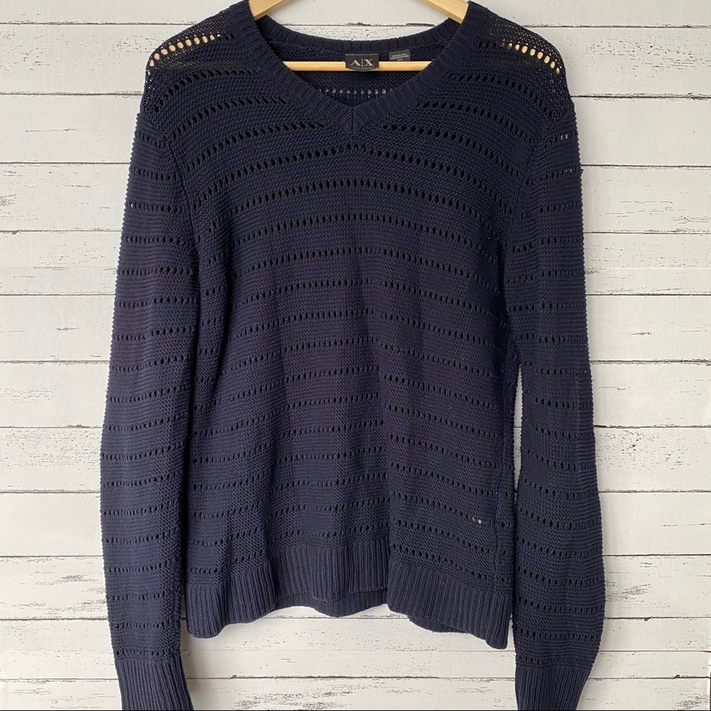 A|X Armani Exchange Navy Blue Open Knit V-neck Sweater